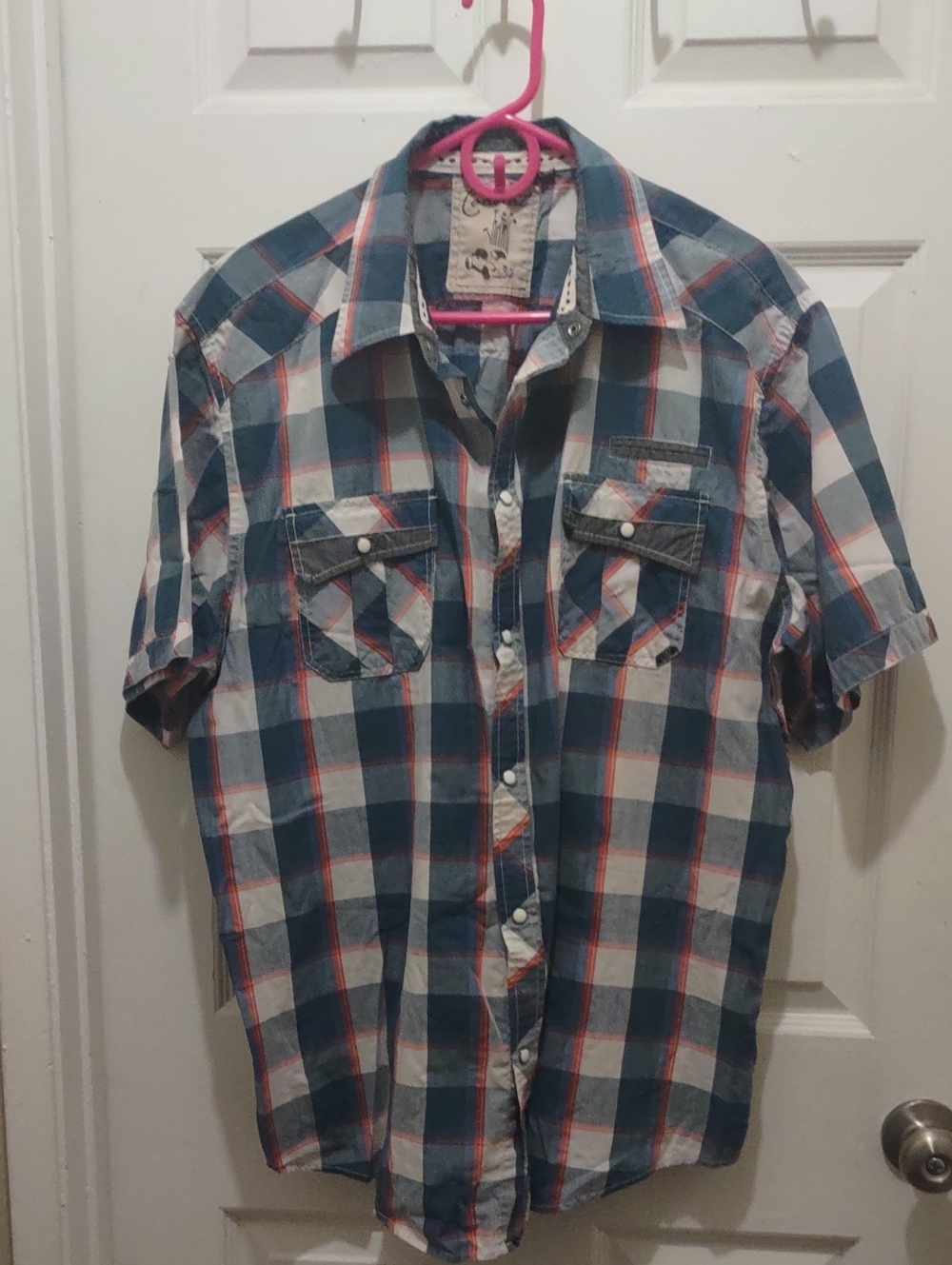 Casual Short-Sleeve Plaid Button-Down Shirt - Blue & White with Orange Trim